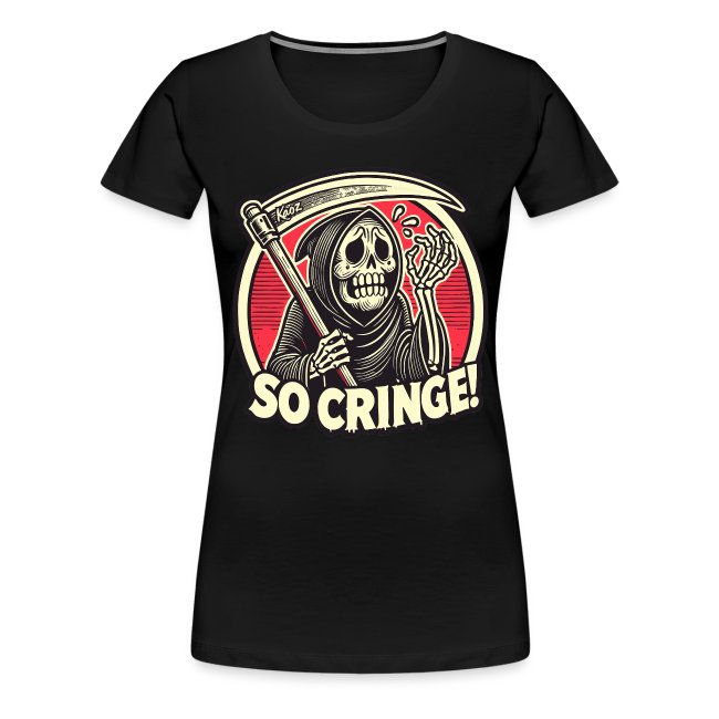 Black t-shirt featuring a skeleton in a hooded cloak holding a scythe and laughing, with the text 'SO CRINGE!' in bold white letters beneath it, set against a red circular background.