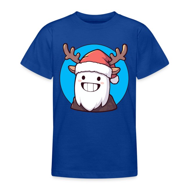 A blue Kids T-shirt featuring a cartoon yeti with reindeer antlers, a Santa Claus hat, and a big cheerful smile—perfect for a fun and festive holiday look.