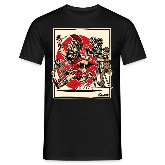 Black t-shirt featuring an animated illustration of a Spartan warrior in armor, running with a raised hand, alongside a film crew member and a fleeing character against a bold red circle background.