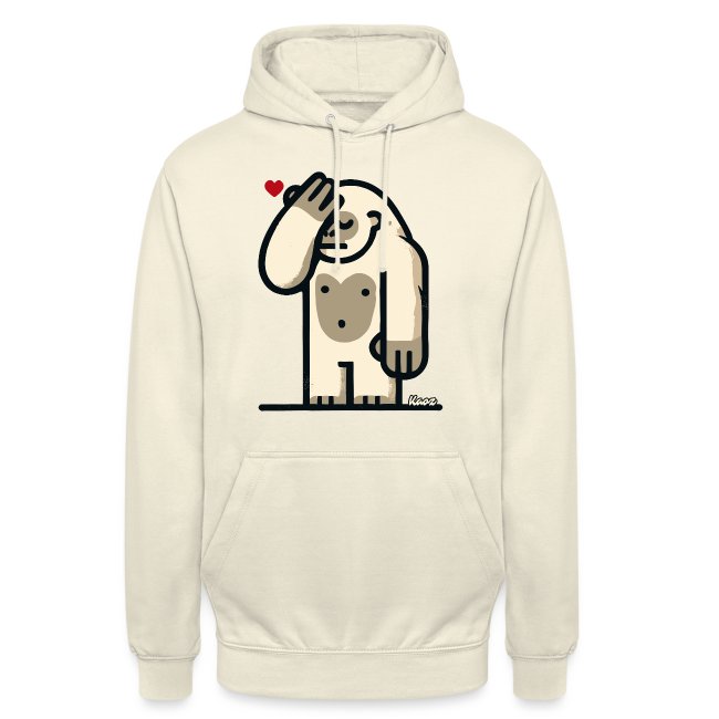 Light beige hoodie featuring a cartoon yeti with a heart above its head, perfect for casual wear.