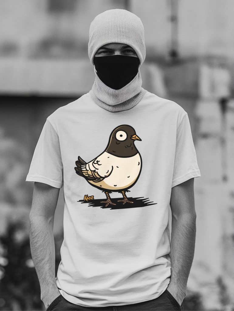 Person wearing a light-colored t-shirt with a cartoon pigeon illustration, black mask, and knit beanie, standing in an urban outdoor setting.