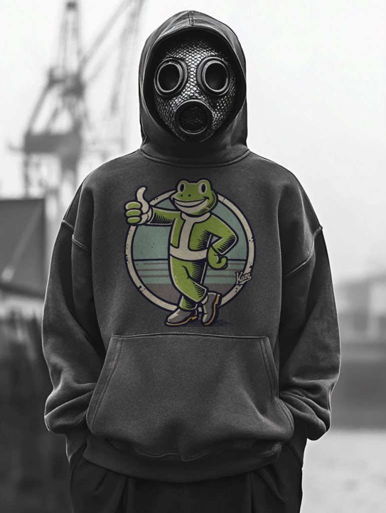 A person wearing a black gas mask and dark hoodie with a green cartoon frog graphic stands in an industrial setting, showcasing a casual yet intriguing urban style.