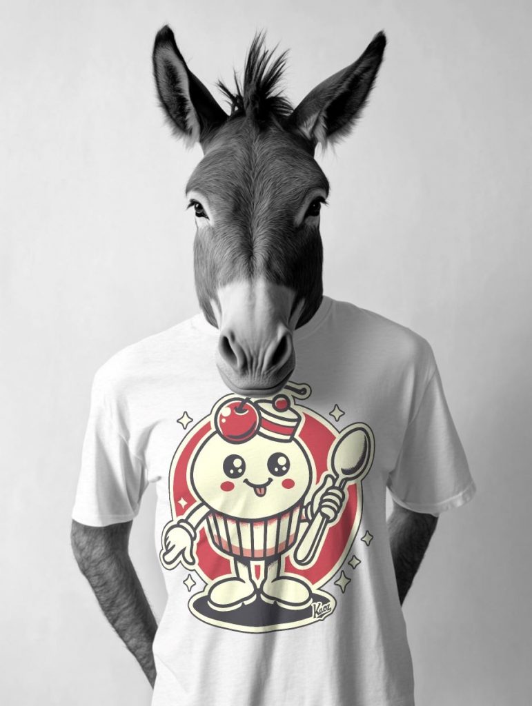 Amusing cartoon-style donkey wearing a t-shirt with a smiling cupcake illustration on a red background, featuring expressive eyes and a whimsical design.