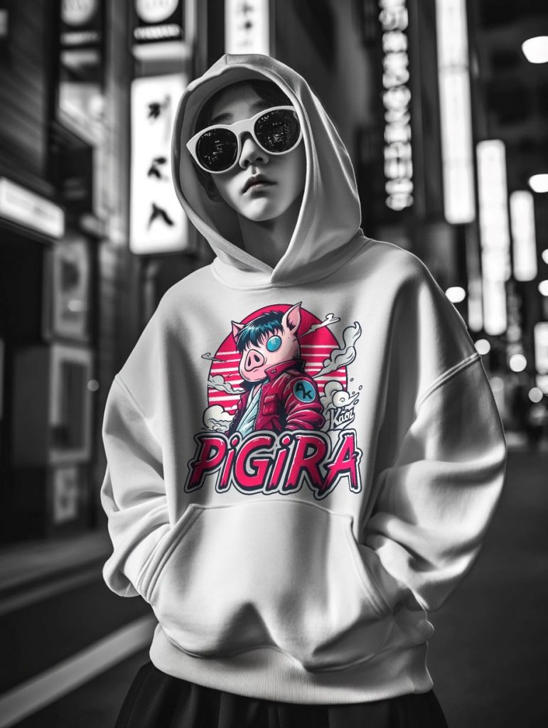 A young person in an oversized white hoodie with a colorful cartoon pig graphic, styled with large sunglasses against a blurred urban backdrop featuring neon signs.