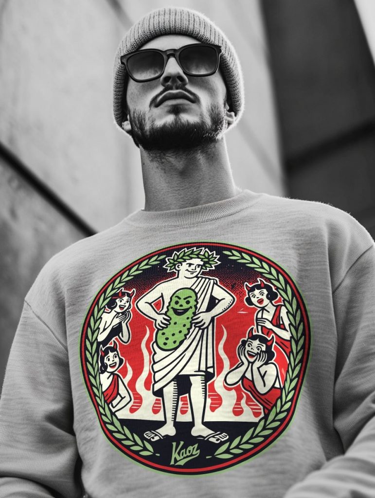 Monochrome image of a bearded man wearing sunglasses and a beanie, standing against a textured wall in a light gray sweatshirt featuring a Roman deity holding a pickle within a laurel wreath design.