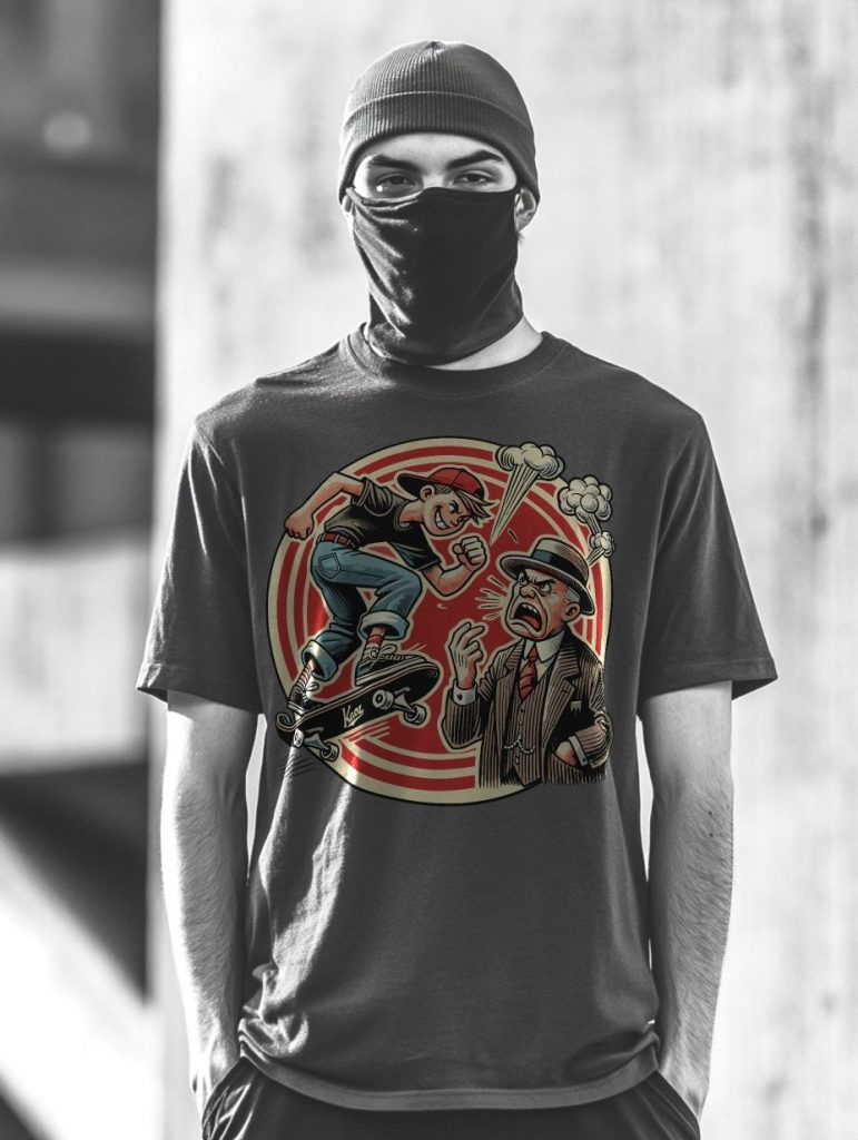 A young person wearing a black beanie and face mask stands in front of a blurred urban background, dressed in a dark t-shirt with a colorful graphic of a skateboarder and a frustrated man in a suit, symbolizing youthful expression and rebellion.