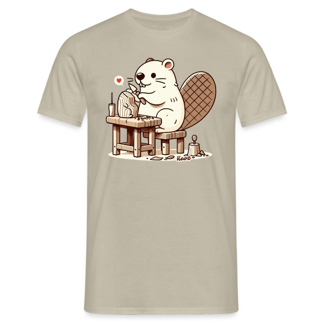 Beige t-shirt featuring a cartoon beaver carving wood at a table, expressing love for woodworking with a heart.