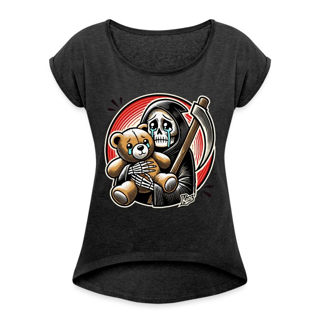 Dark gray shirt featuring a colorful Grim Reaper illustration holding a crying teddy bear with a red circular background.