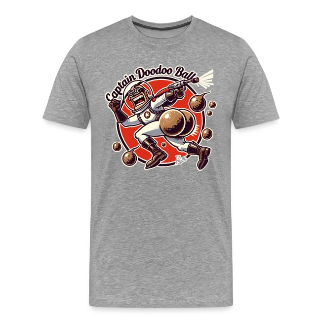 Gray t-shirt featuring a colorful graphic of Captain Doodoo Balls in a futuristic space suit, striking a dynamic pose with a whimsical weapon, against a vibrant red circular background.