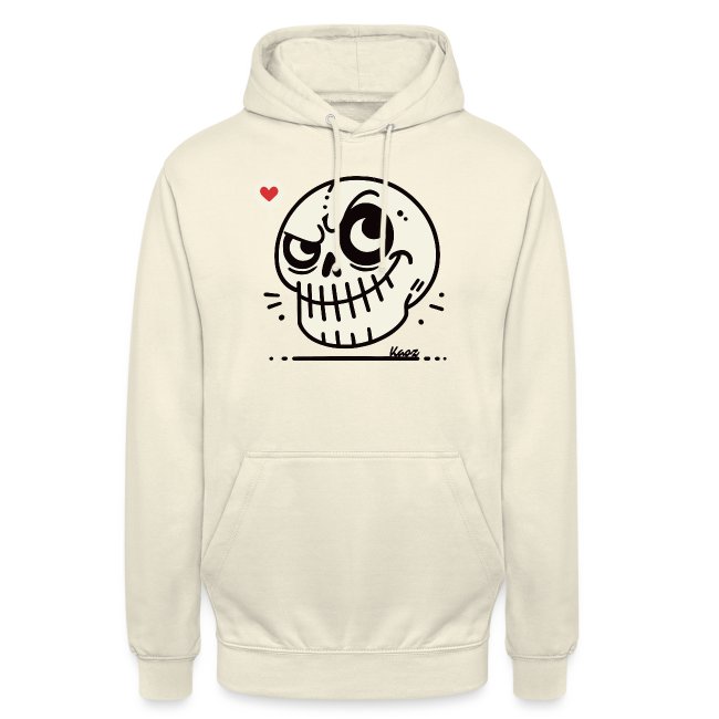 Light beige hoodie featuring a cartoon skull design with exaggerated features and a red heart, perfect for quirky fashion enthusiasts.