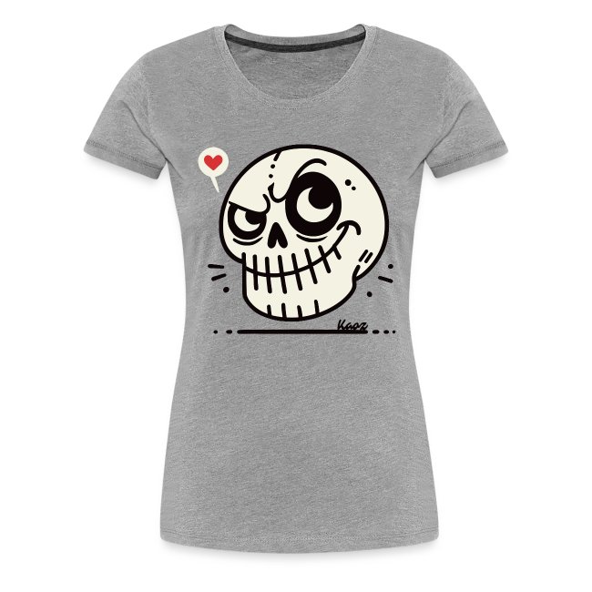 Heather gray women's T-shirt featuring a cartoon skull with a mischievous smile and a playful heart speech bubble, perfect for casual wear.