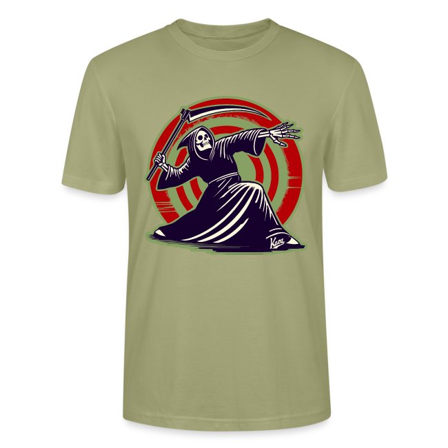 Dynamic graphic design of the Grim Reaper wearing a dark hood and holding a scythe on a light olive green t-shirt, featuring a bold red circular background with white spiral accents, appealing to fans of horror and edgy pop culture.