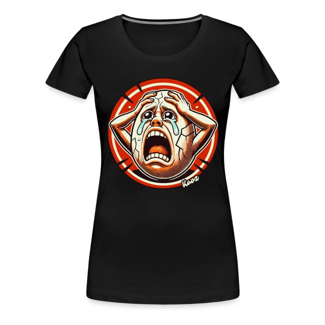 Black women's T-shirt featuring a distressed graphic design of a figure with exaggerated facial features and tears, set against a vibrant circular orange background with stylized lines.