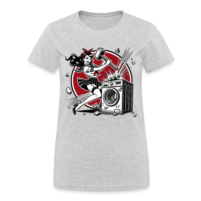 Light gray t-shirt featuring a bold graphic design of a playful female character with long hair wielding a hammer near a washing machine, set against a vibrant red circular background.