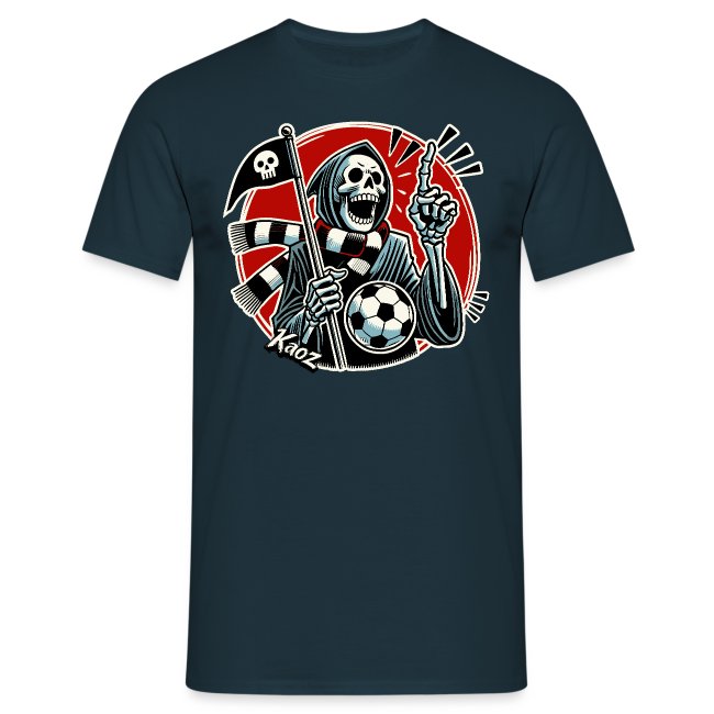 Dark t-shirt featuring a graphic design of a skeleton character holding a soccer ball and a flag, with a bold red circle background and stylized rays.