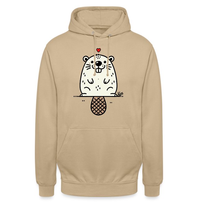 A cozy beige hoodie featuring a cartoon illustration of a friendly beaver sitting above a stylized pine cone, with a heart above its head, perfect for animal lovers.
