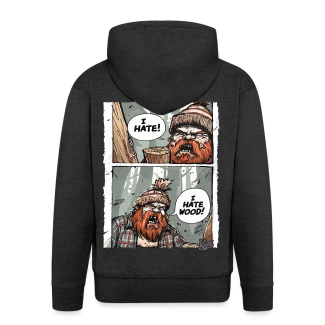 Black hoodie featuring a humorous cartoon design of a lumberjack with a red beard and beanie, expressing frustration about wood in a forest setting.