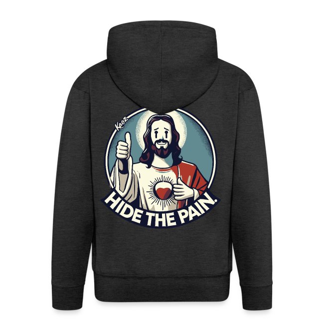 Dark hoodie featuring a cartoon-style graphic of Jesus giving a thumbs up and holding a heart symbol with the text 'HIDE THE PAIN' in bold letters.