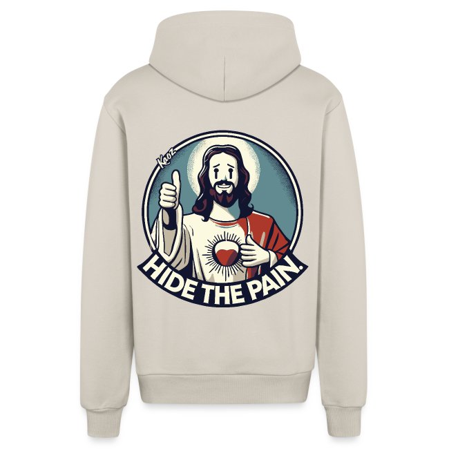 Casual beige hoodie featuring an illustrated figure resembling Jesus Christ holding a heart with light rays, giving a thumbs up, and displaying the text 'HIDE THE PAIN'.