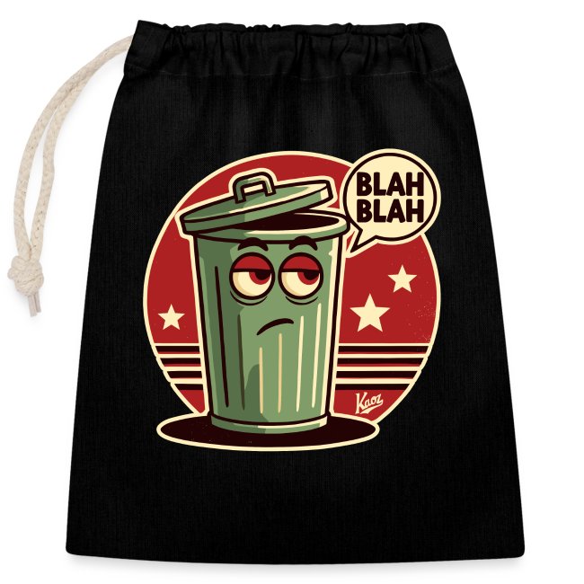 A humorous t-shirt design featuring a green trash can character with half-closed eyes and an annoyed expression, accompanied by the speech bubble 'BLAH BLAH' against a retro red and cream circular background with star motifs.