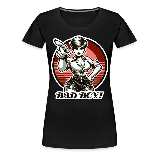 A stylish black women's t-shirt featuring a vintage graphic design of a woman with a playful expression, wearing a button-up blouse with a fitted waist, set against a circular red background with the text 'BAD BOY!'