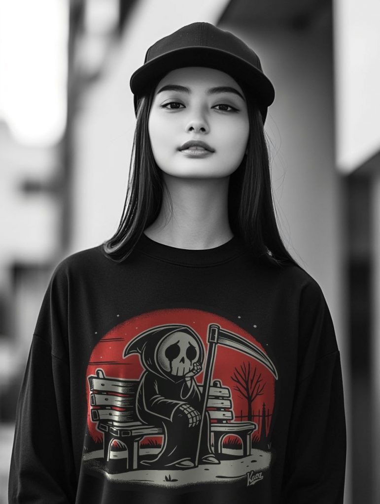 A young woman in a black cap and long-sleeved t-shirt featuring a whimsical skeleton graphic against a blurred urban background