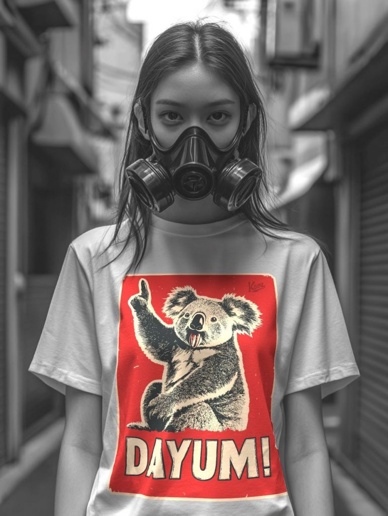 Young woman wearing a white t-shirt with a koala graphic and the text 'DAYUM!' paired with a black gas mask, standing confidently in a narrow urban street with blurred shop facades.