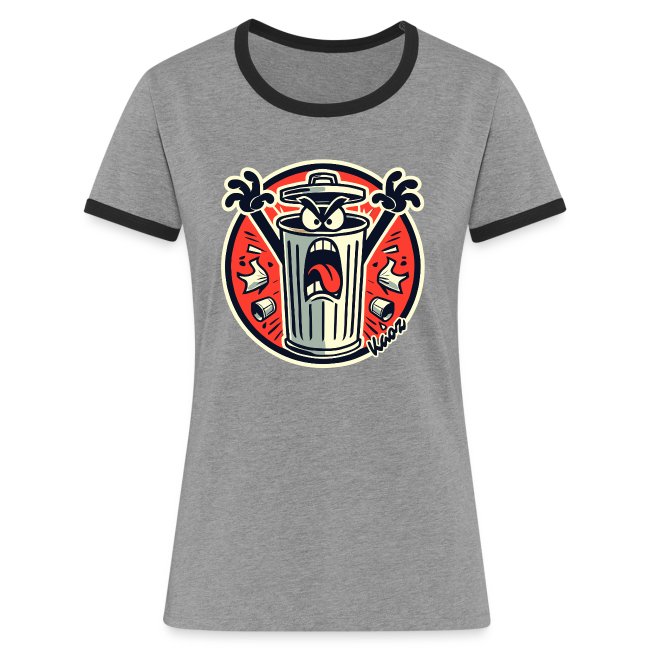 A grey ringer T-shirt featuring a wild, cartoon-style angry trash can with an intense expression and flying garbage.