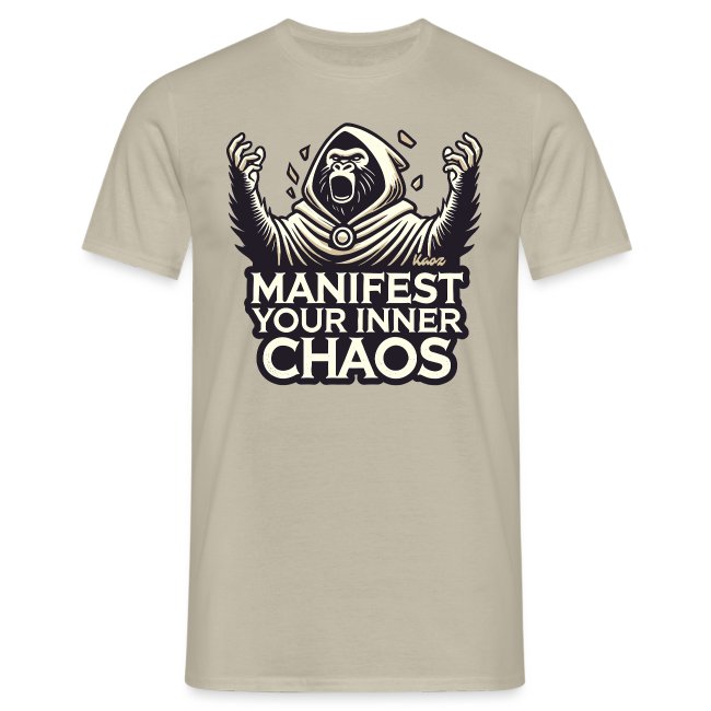 Beige t-shirt featuring a bold graphic of a roaring gorilla in a hooded cloak, with arms raised triumphantly and the phrase 'MANIFEST YOUR INNER CHAOS' below.