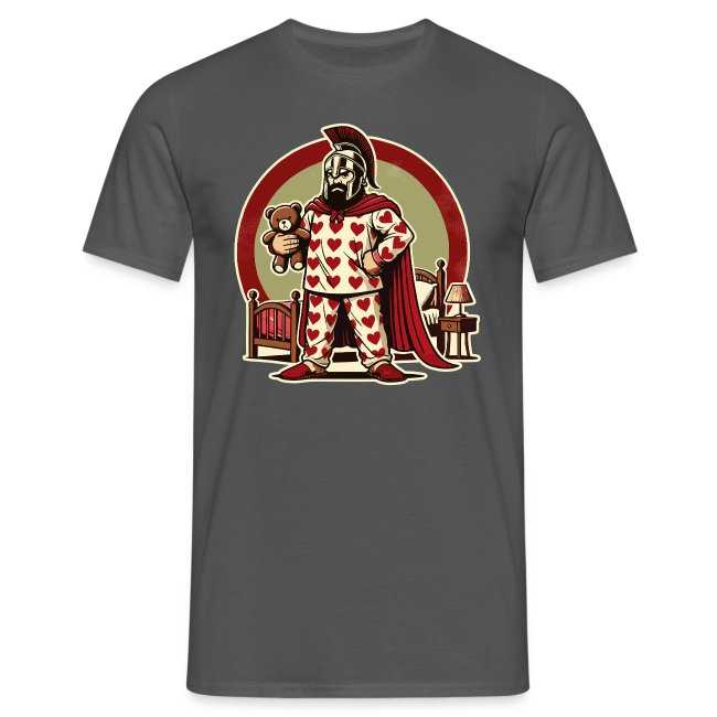 Stylized graphic of a muscular warrior in heart-patterned pajamas holding a teddy bear, standing in a cozy bedroom setting, featured on a dark gray t-shirt.