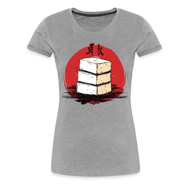 Gray T-shirt featuring a graphic design of stacked tofu blocks against a red circular background with Asian script, perfect for culinary fashion enthusiasts.