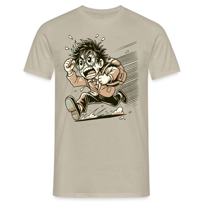 Light-colored t-shirt featuring a cartoon character with messy hair and large glasses in a frantic running pose, showcasing dynamic comic art style.