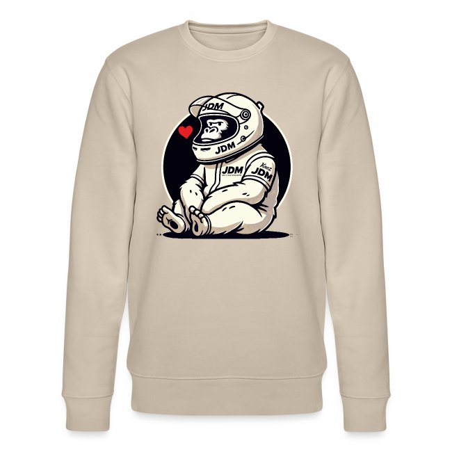 A beige sweatshirt featuring a cartoon gorilla in a racing-style space suit with a helmet, showing a gentle expression and a red heart near its face, set against a black circular background.