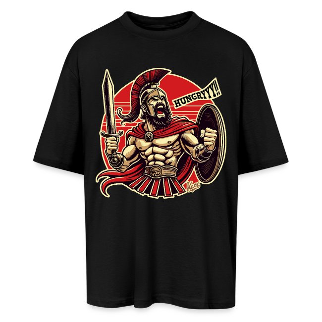 Graphic black t-shirt featuring a muscular warrior character reminiscent of a spartan gladiator, holding a sword and shield with the word 'HUNGRY!!!' in bold stylized font against a red circular background.