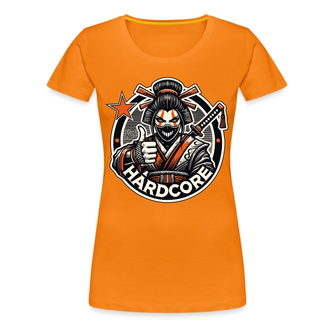 Orange t-shirt with ninja graphic design, thumbs-up pose, sword, and 'HARDCORE' emblem featuring red star.