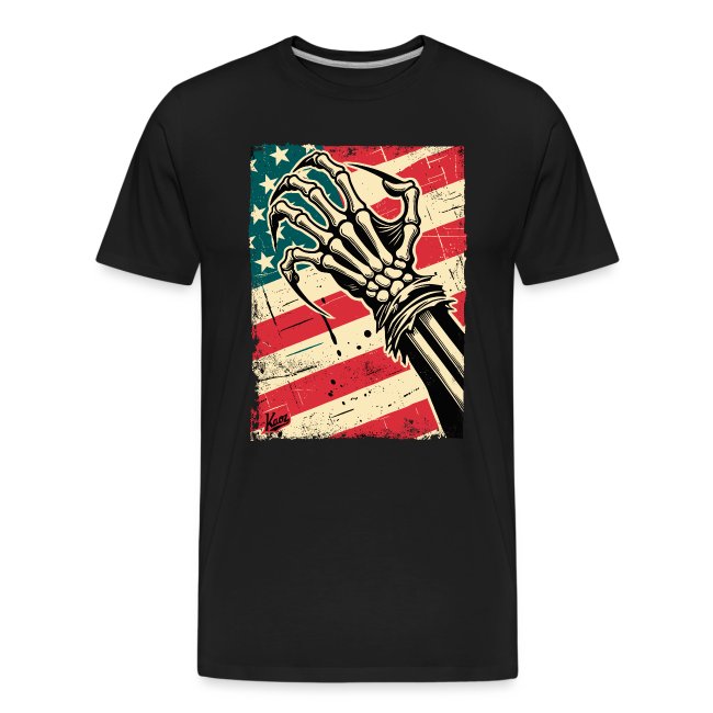 Black T-shirt featuring a striking skeletal hand graphic emerging from a distressed American flag background in red, white, and blue colors, emphasizing bold aesthetics and modern graphic design.