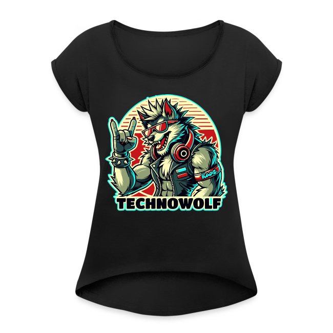 Vibrant cartoonish illustration of a wolf character known as Technowolf on a black graphic t-shirt, showcasing spiky hair, sunglasses, and headphones. The design includes a rock hand gesture and spiked accessories, with bold colors in the background and the word 'TECHNOWOLF' displayed below.