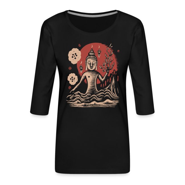 Black t-shirt design with a Buddha figure in a relaxed pose, surrounded by stylized waves and flames against a red circular background, enhanced with floral patterns.
