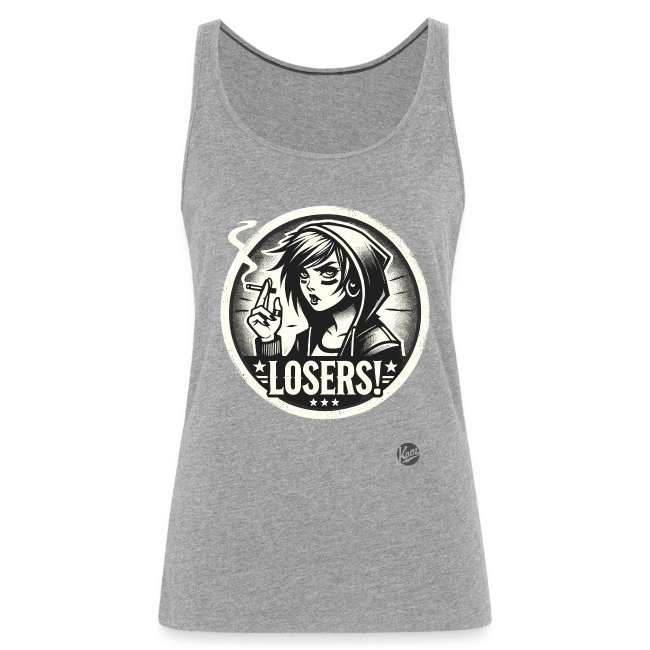 Gray tank top featuring a graphic design of a character in a hoodie holding a cigarette with the text 'LOSERS!' in a circular emblem surrounded by stars.