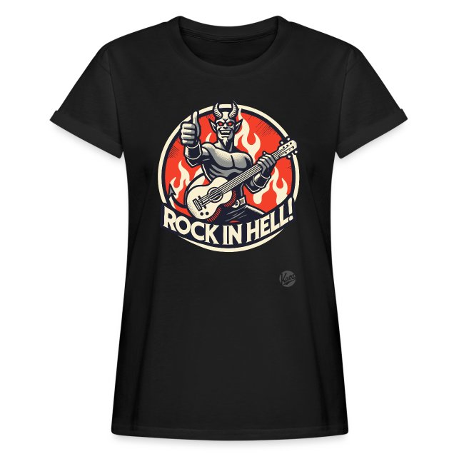 Black T-shirt featuring a devil character playing guitar with flames and the text 'ROCK IN HELL!' - Ideal for fans of edgy music merchandise.