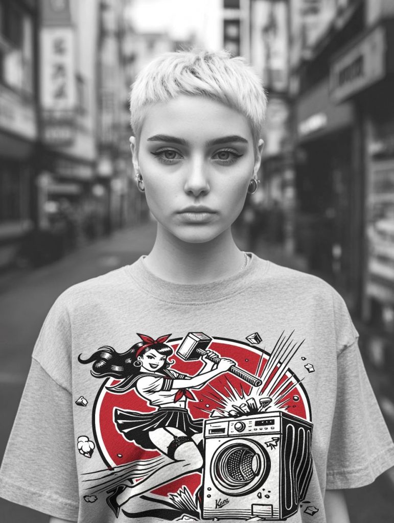 A young person with light short hair in a gray oversized t-shirt featuring a cartoon woman with a hammer next to a washing machine, standing in a blurred city street