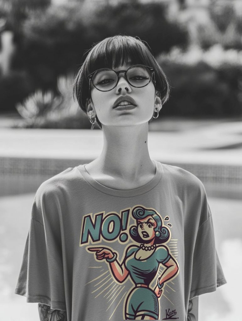A young person with short black hair and glasses confidently standing outdoors in a grey t-shirt with a colorful vintage cartoon woman graphic and the text 'NO!'.