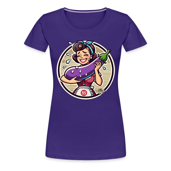 Women's purple T-shirt featuring a retro cartoon character holding an eggplant, designed for quirky casual wear.