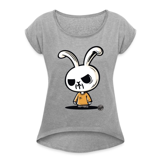 Gray T-shirt featuring a playful cartoon bunny character in an orange shirt with large eyes and a mischievous expression, showcasing a relaxed fit with rolled sleeves.