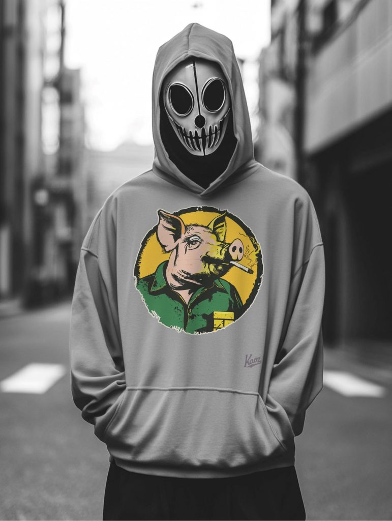 A person in a gray cartoon pig hoodie and a skeletal mask stands in an urban street setting, highlighting a blend of street fashion and edgy aesthetics.