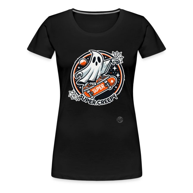 Black women's T-shirt featuring a spooky cartoon ghost on a skateboard with 'Super Creepy' text and Halloween-themed graphics.