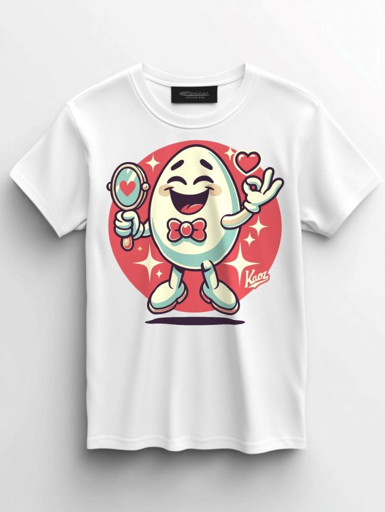 White T-shirt featuring a cheerful cartoon egg character with a red bow tie, smiling and balancing a mirror while making a peace sign, set against a circular red backdrop with sparkles.