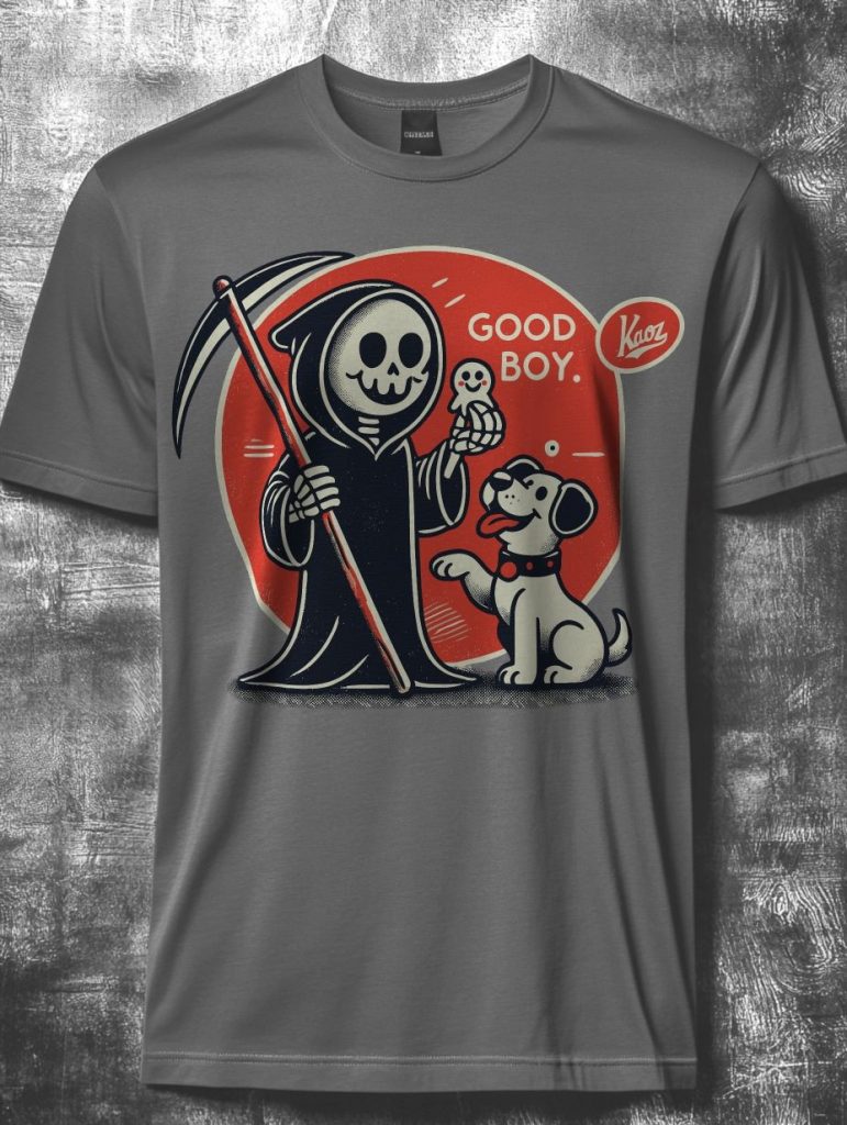 Graphic design of a whimsical Grim Reaper holding an ice cream cone, accompanied by a cheerful dog, on a gray t-shirt with a red circular background.