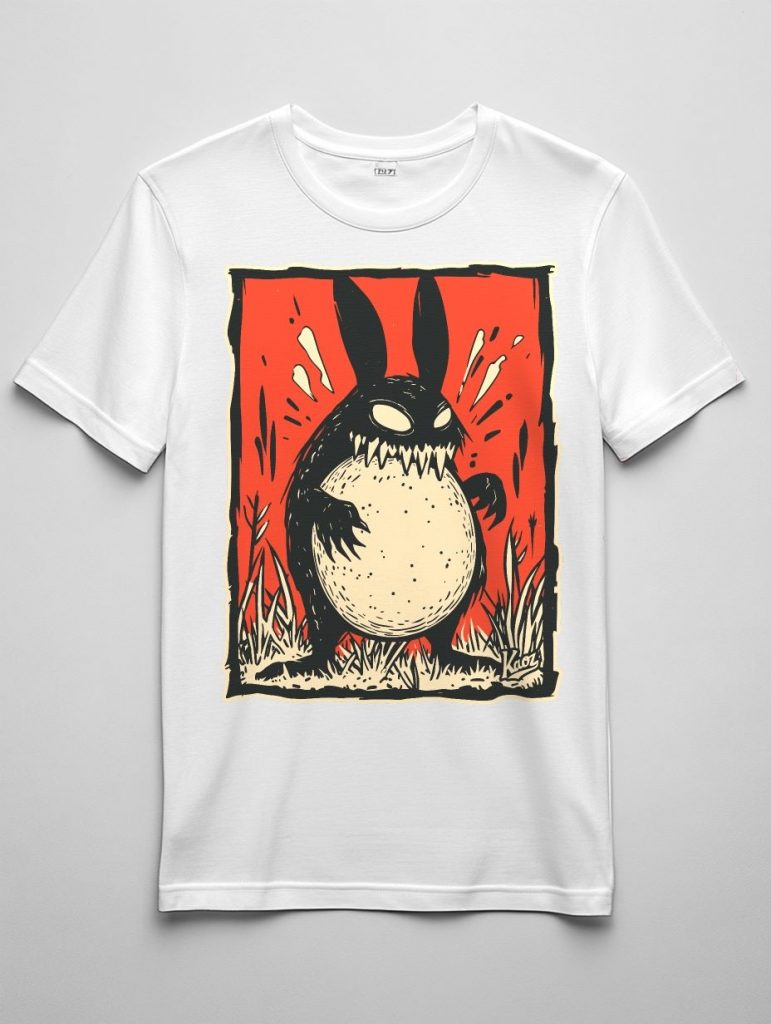 White t-shirt with a playful yet edgy cartoon graphic of a chubby creature with large ears and sharp teeth against a vibrant red background