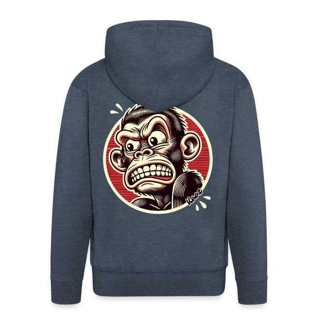 Dark blue hoodie featuring an expressive monkey graphic on the back with bold lines, vibrant colors, and a fierce expression against a red circular background.